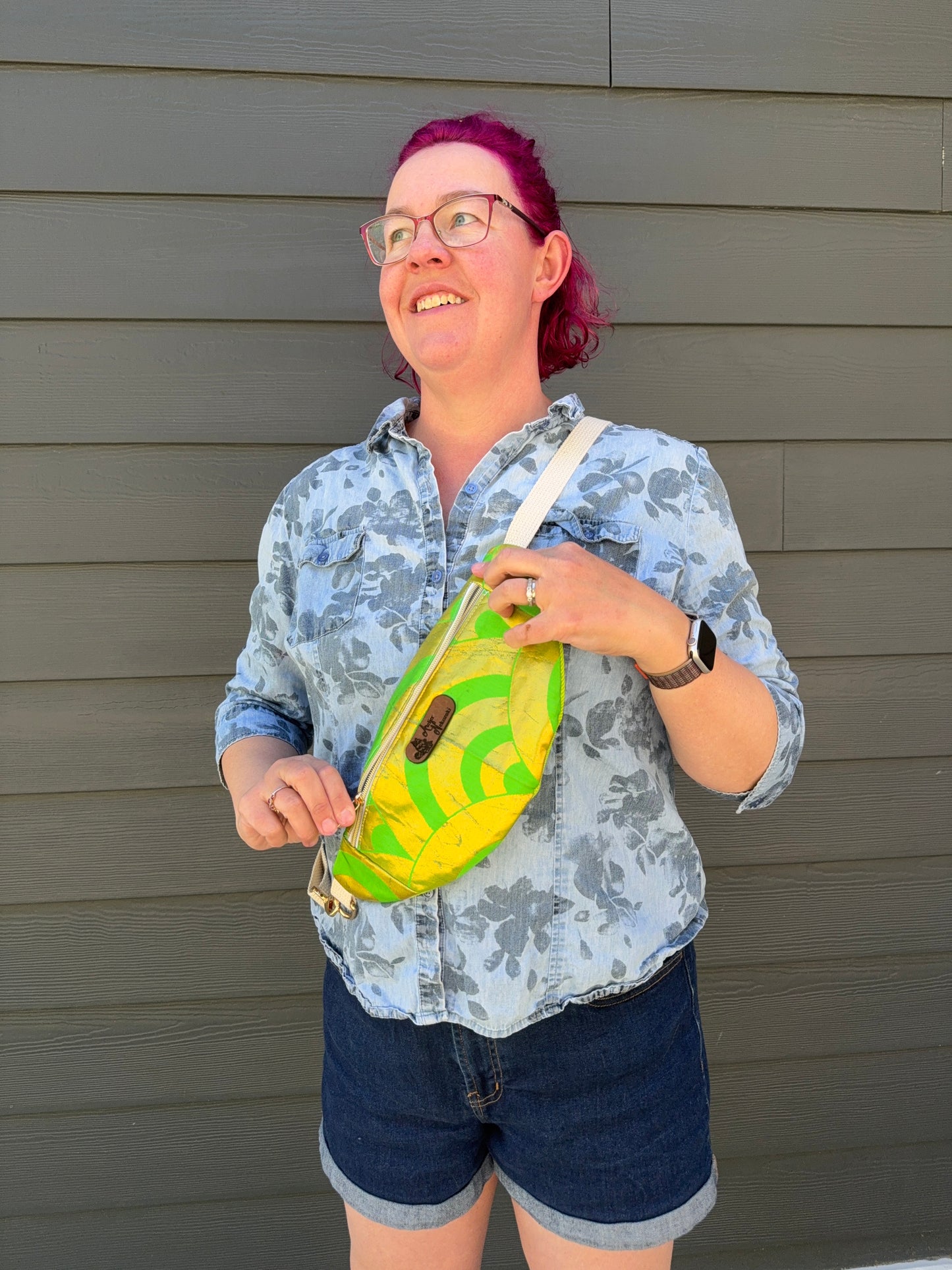 Upcycled Obi | Belt Bag | Bright Green and Gold Seigaiha