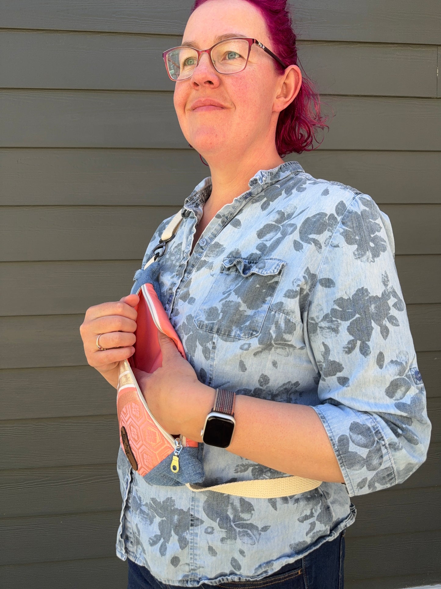 Upcycled Obi | Belt Bag | Silver Fan and Traditional Motifs on Salmon Pink