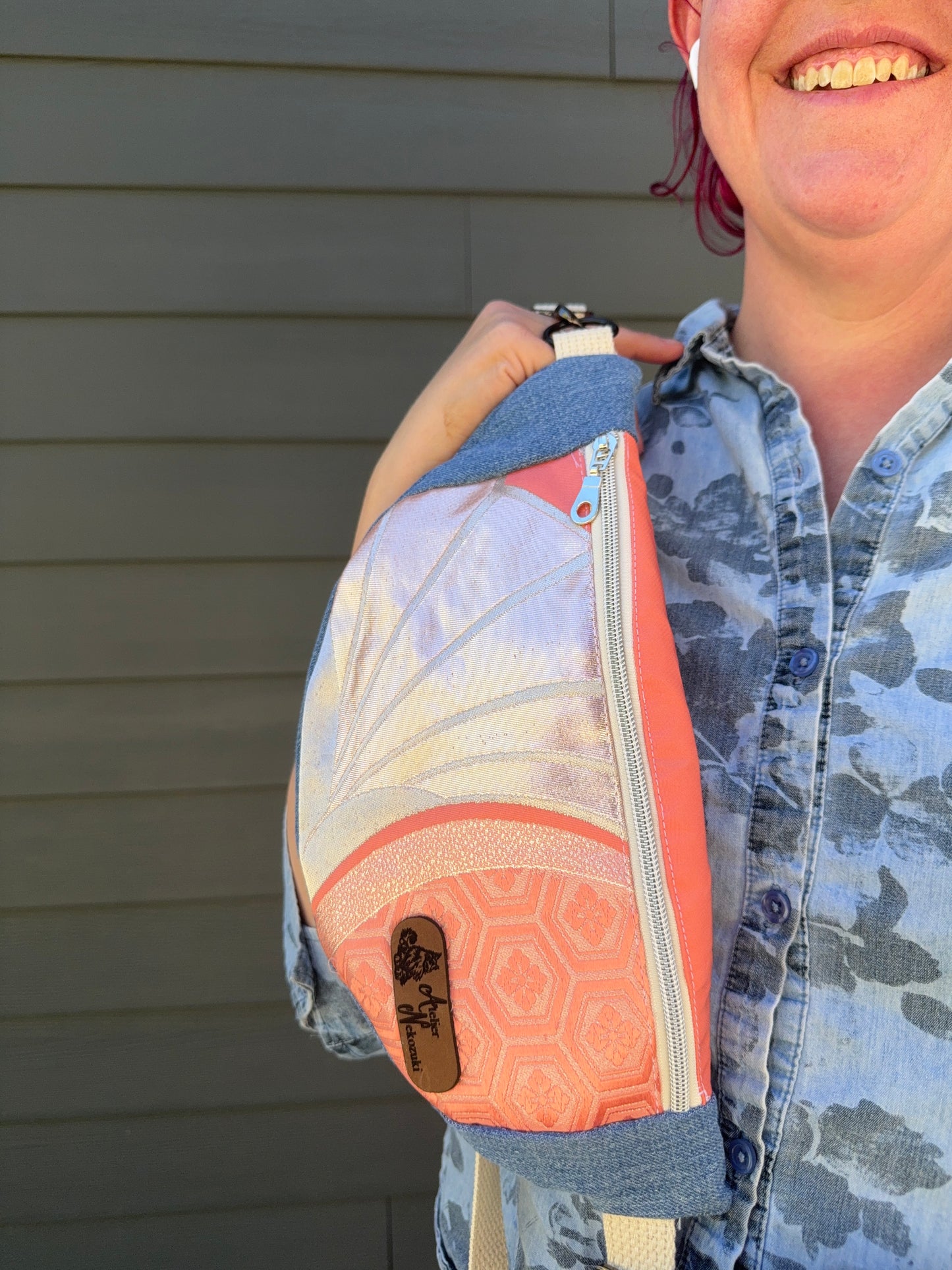 Upcycled Obi | Belt Bag | Silver Fan and Traditional Motifs on Salmon Pink
