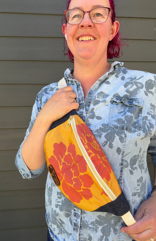 Upcycled Obi | Belt Bag | Pink Peony on Gold