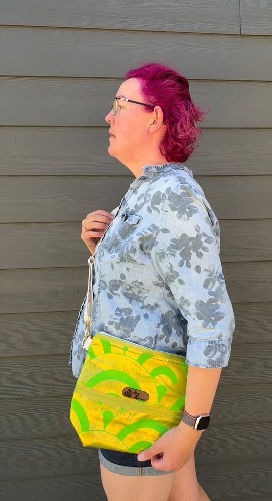 Upcycled Obi | Wedge Bag | Bright Green Seigaiha and Textured Weave