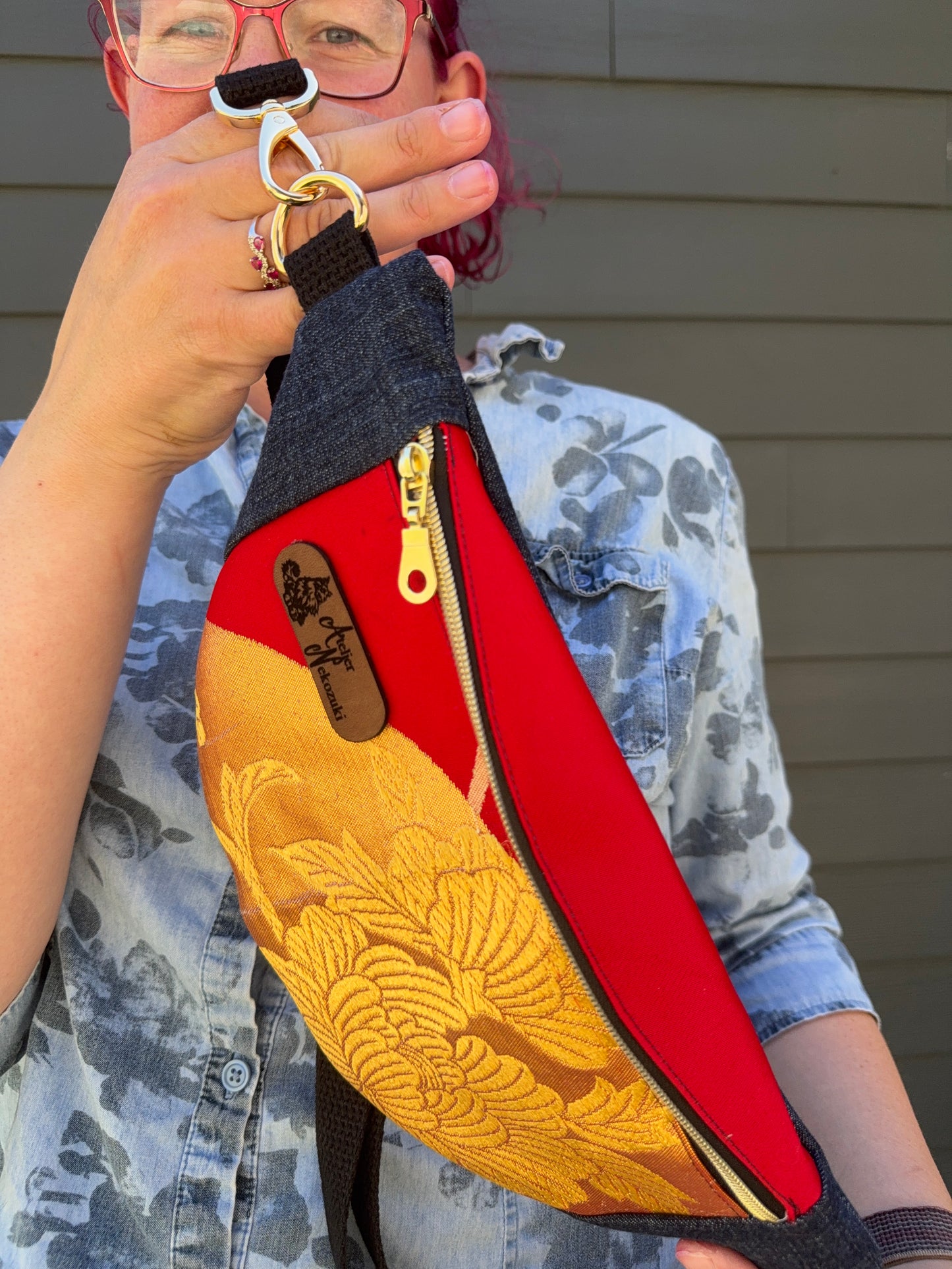 Upcycled Obi | Belt Bag | Golden Peony Fan on Red