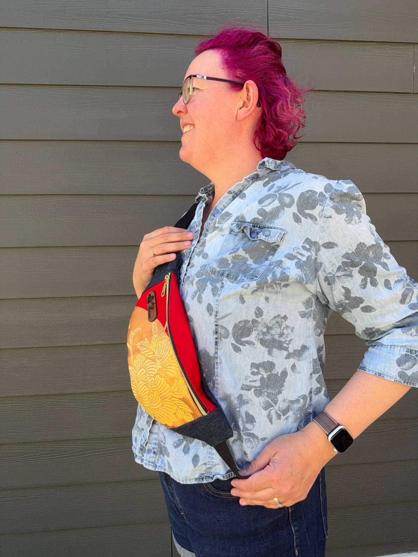 Upcycled Obi | Belt Bag | Golden Peony Fan on Red