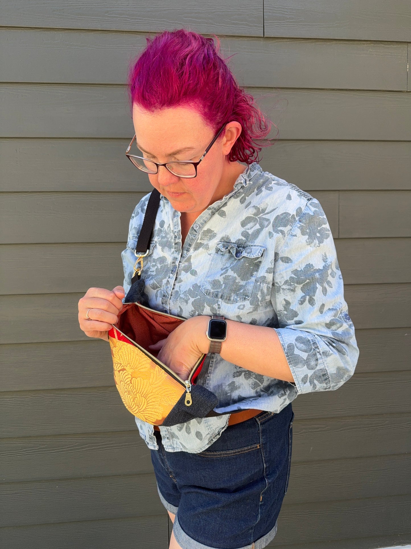 Upcycled Obi | Belt Bag | Golden Peony Fan on Red