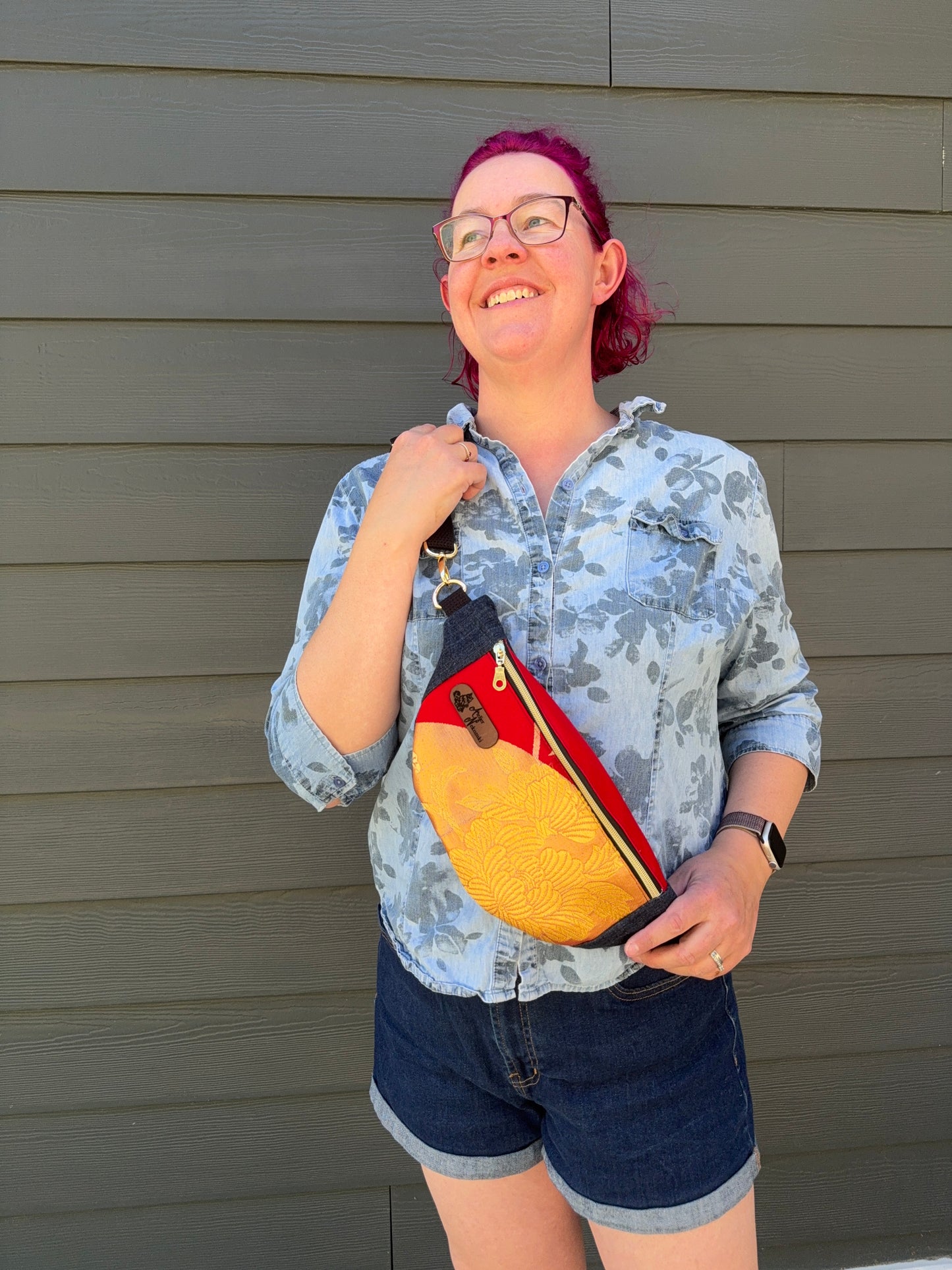 Upcycled Obi | Belt Bag | Golden Peony Fan on Red