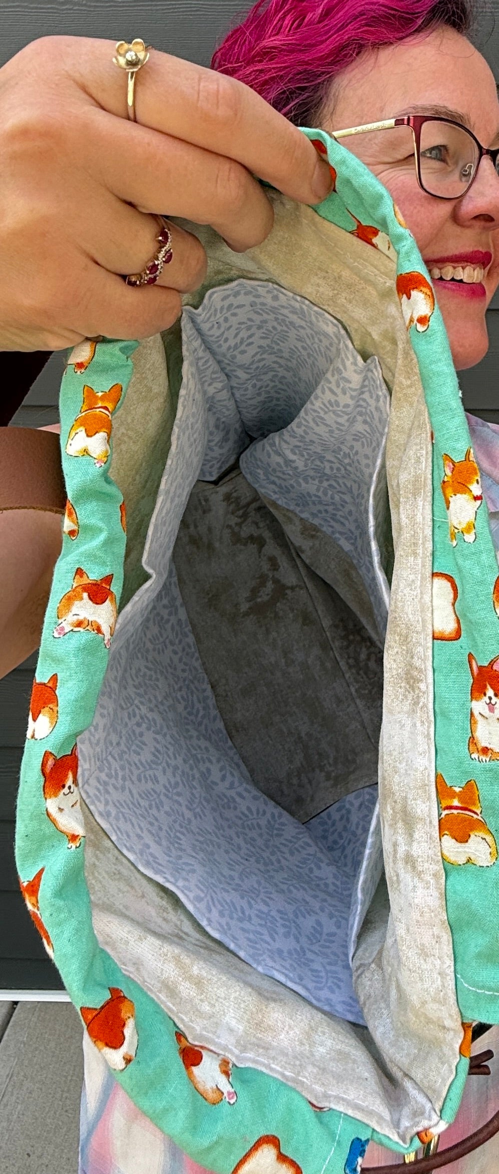 Kato Drawstring Bag | Corgi Butts on Aqua | Bags Handmade from Japanese Fabrics in Canada