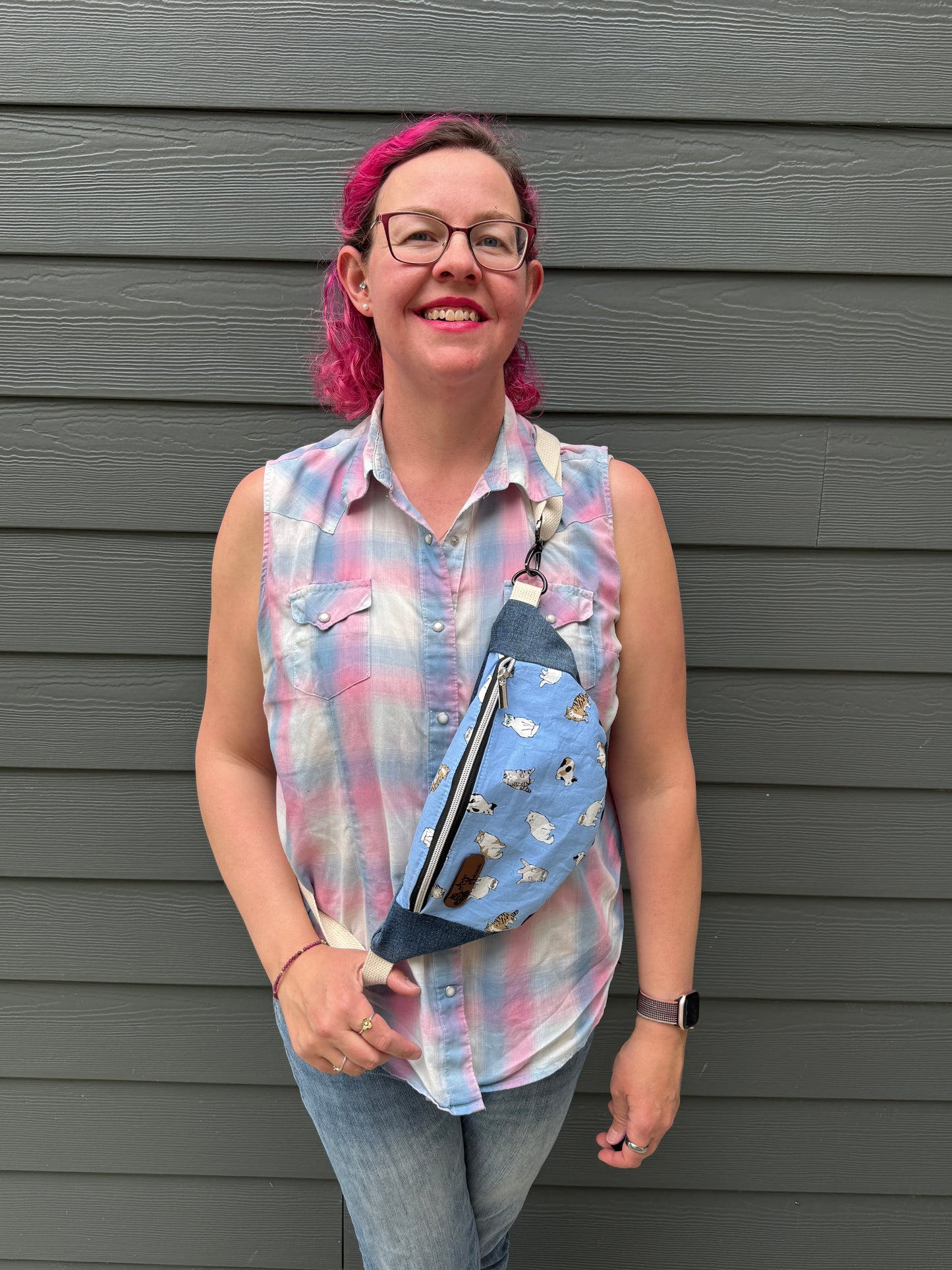Belt Bag | Judgey Cats in Sunglass on Light Blue | Small Batch Crafted Japanese Fabric and Upcycled Denim Bags Made in Canada
