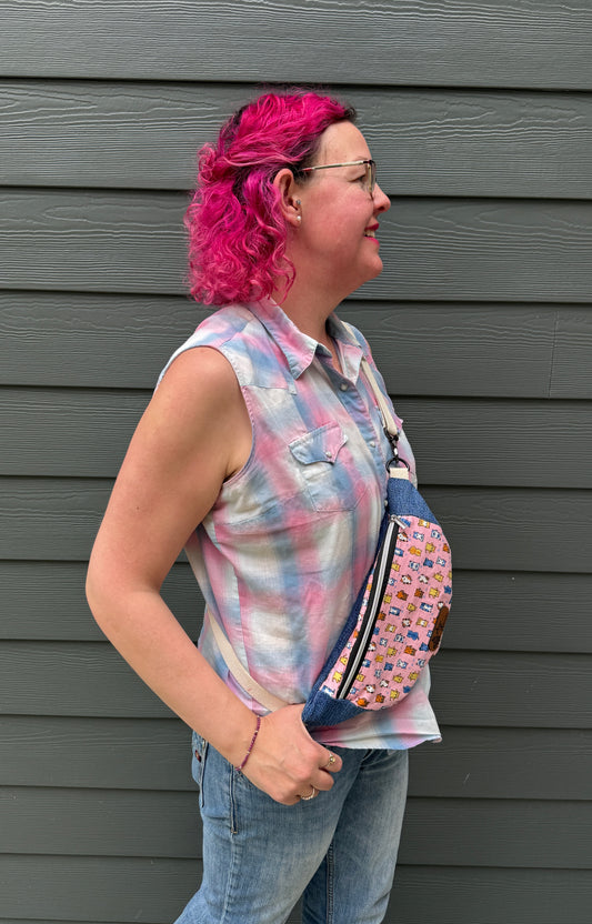 Belt Bag | Pixel Cats on Pink | Upcycled and Japanese Fabrics Paired into a Bag Small Batch Crafted in Canada
