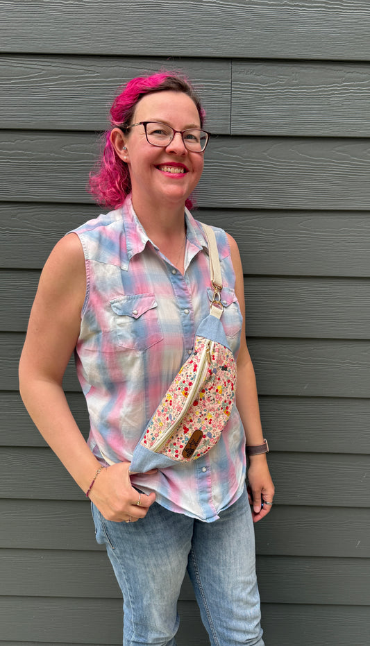 Belt Bag | Tiny Cats Hiding Amongst Fruit on Pink | Upcycled Denim and Japanese Fabric Bags Made in Canada