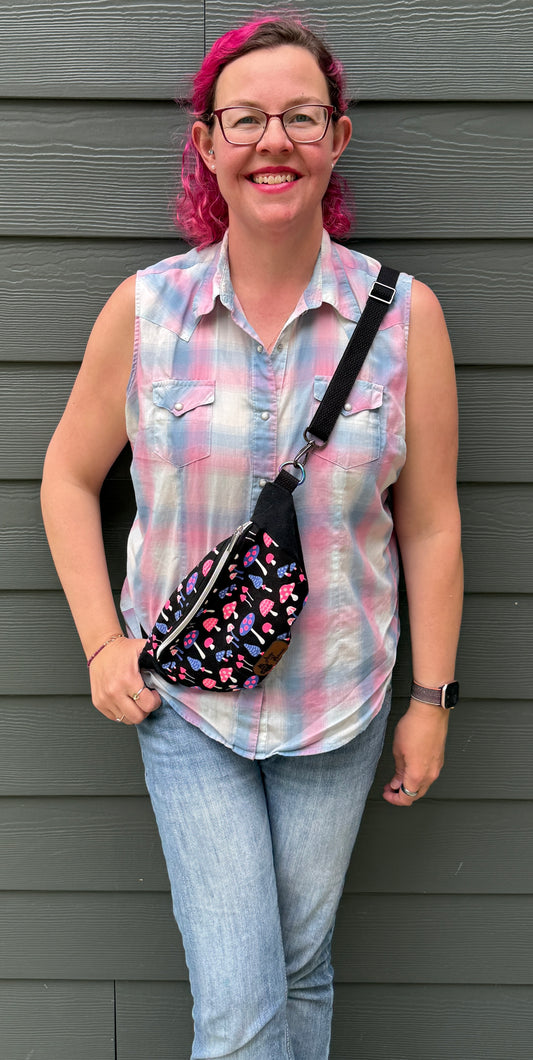 Belt Bag | Neon Pink and Purple Mushrooms on Black | One of a Kind Bags Made from Japanese Fabrics