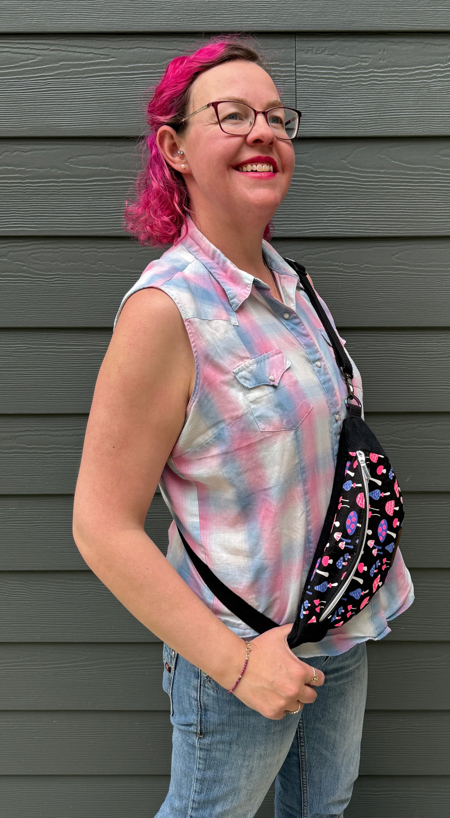 Belt Bag | Neon Pink and Purple Mushrooms on Black | One of a Kind Bags Made from Japanese Fabrics