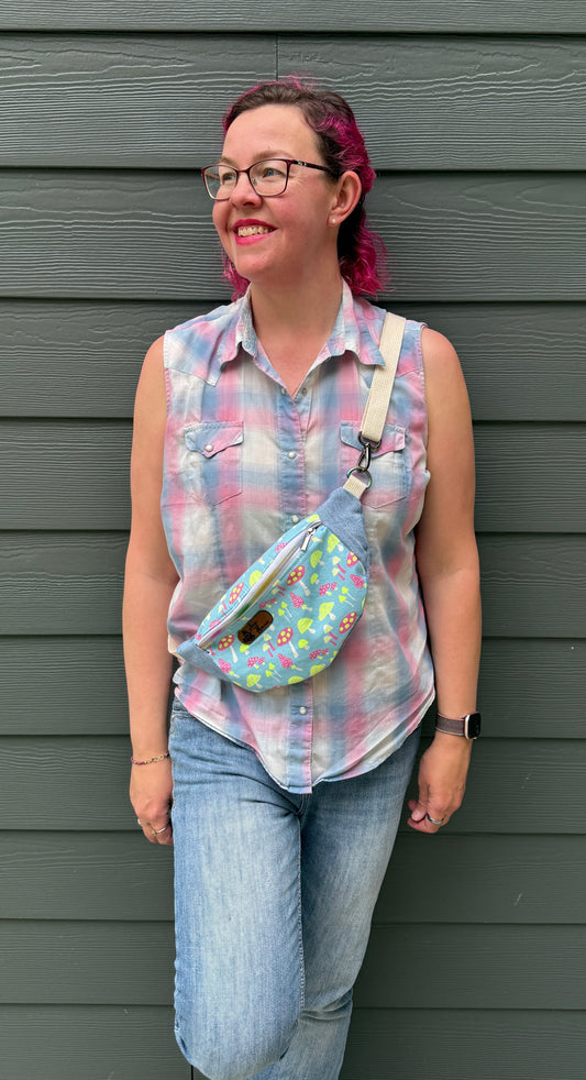 Belt Bag | Neon Pink and Yellow Mushrooms on Pastel Blue | Whimsical Canadian Handcrafted Bags Made from Japanese and Upcycled Fabrics
