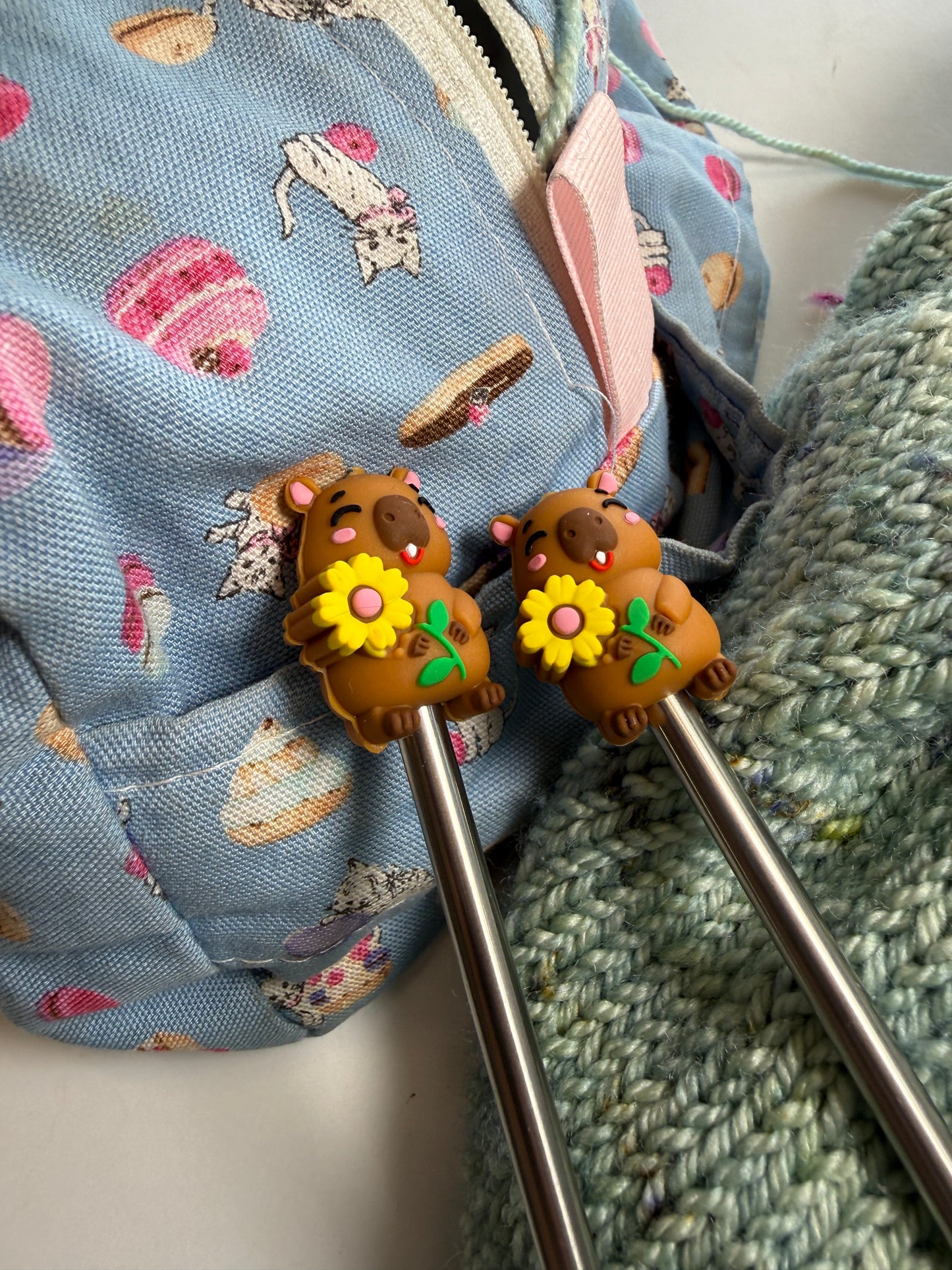 Capybara with Sunflower Stitch Stoppers | Silicone Knitting Needle Point Protectors