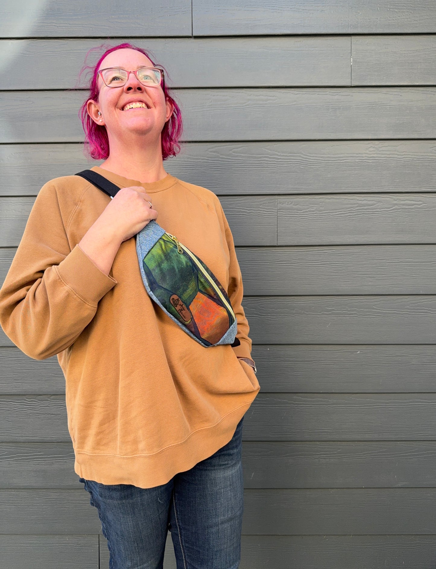 Upcycled Obi with Upcycled Denim | Belt Bag | Iridescent Hexagons on Navy | Made in Canada