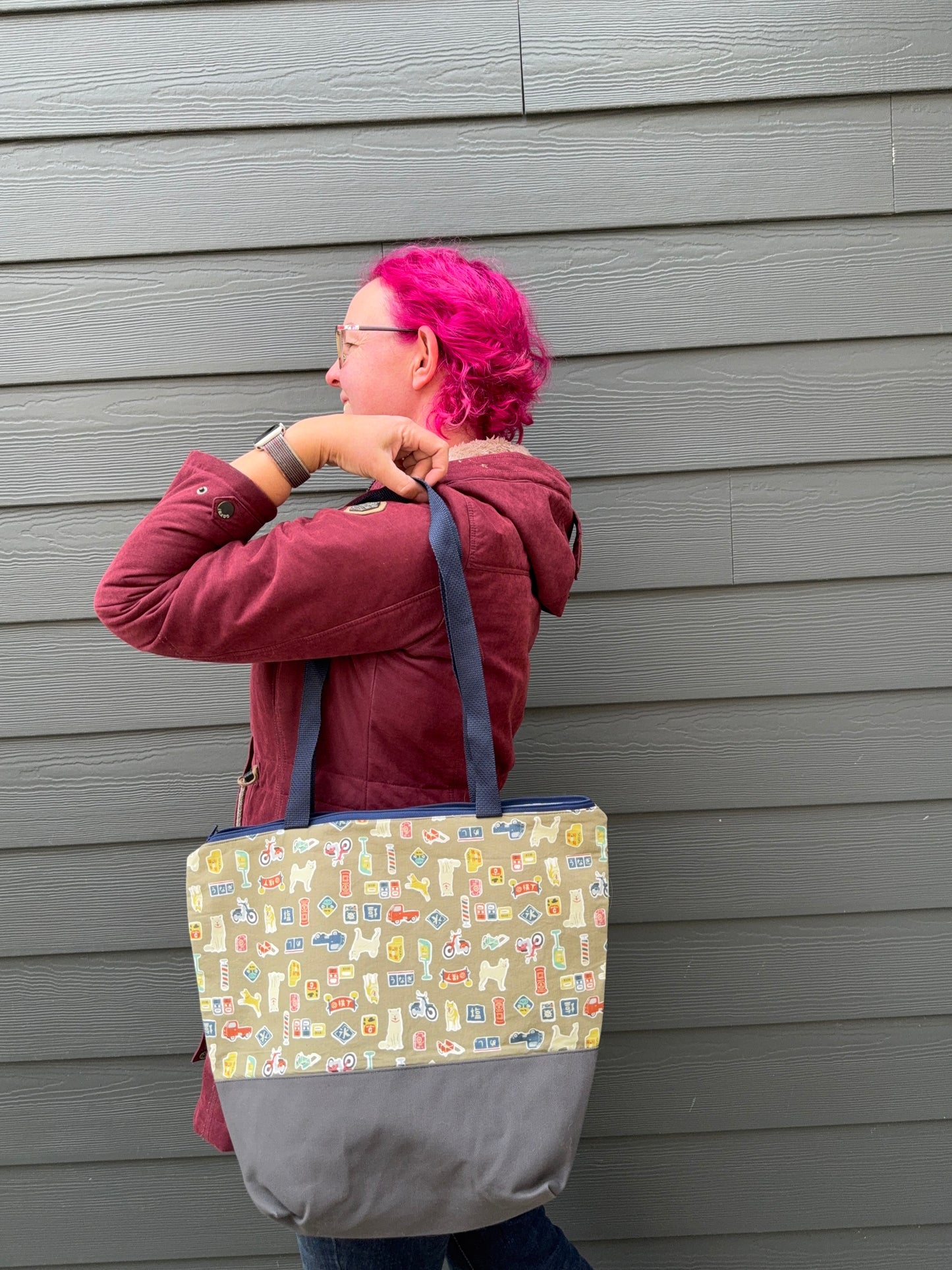 Canvas Bottom Tote Bag | Made in Canada from Japanese Fabric | For Knitting, Crocheting, Books, and More!