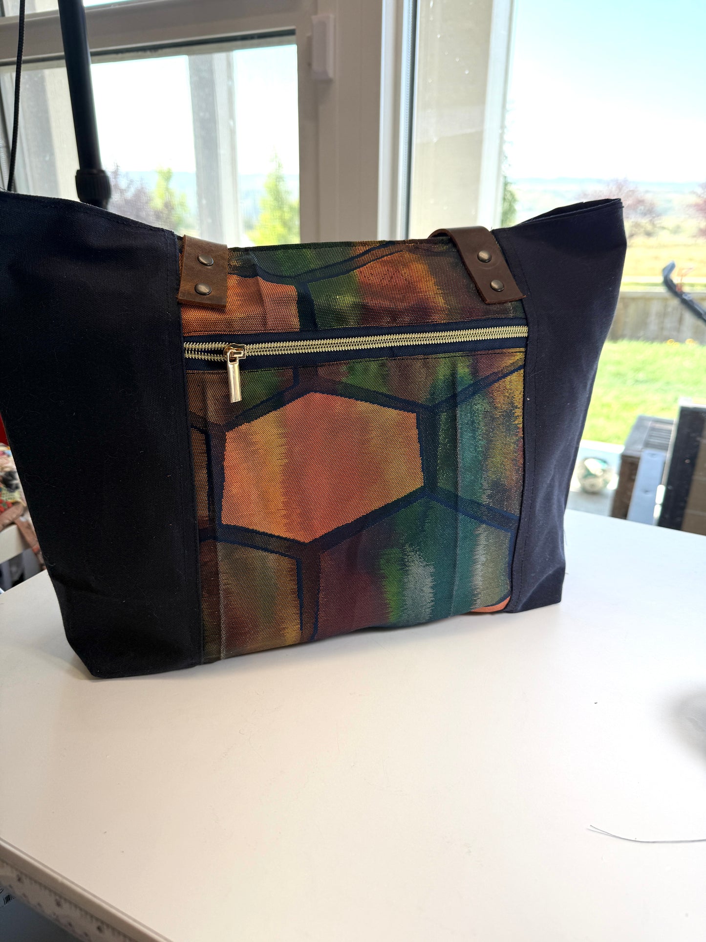 Upcycled Obi Dundurn Tote | Navy Waxed Canvas with Geometric Obi