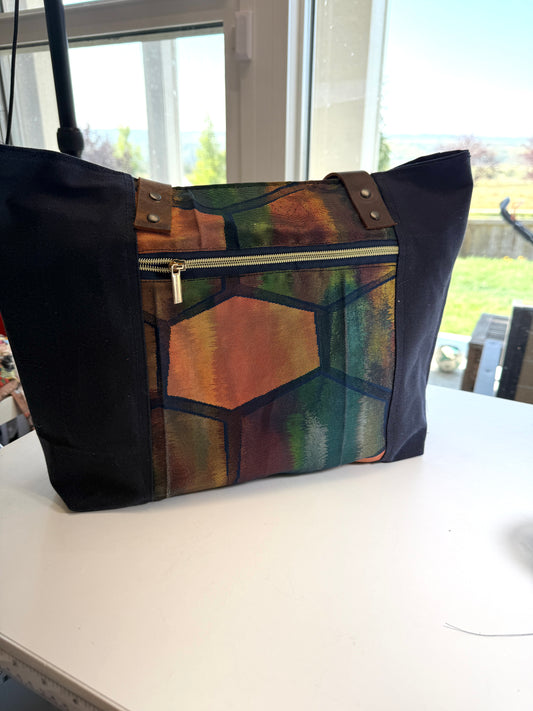 Upcycled Obi Dundurn Tote | Navy Waxed Canvas with Geometric Obi