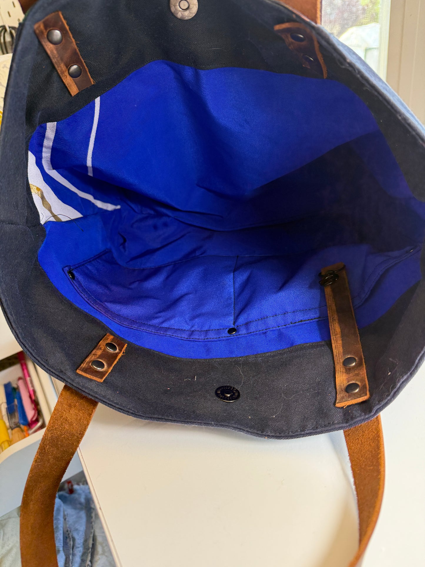 Upcycled Obi Dundurn Tote | Navy Waxed Canvas with Geometric Obi