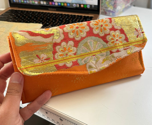 Upcycled Obi Necessary Clutch Wallet | Gold Flecked Orange with Intricate Weaving Detail