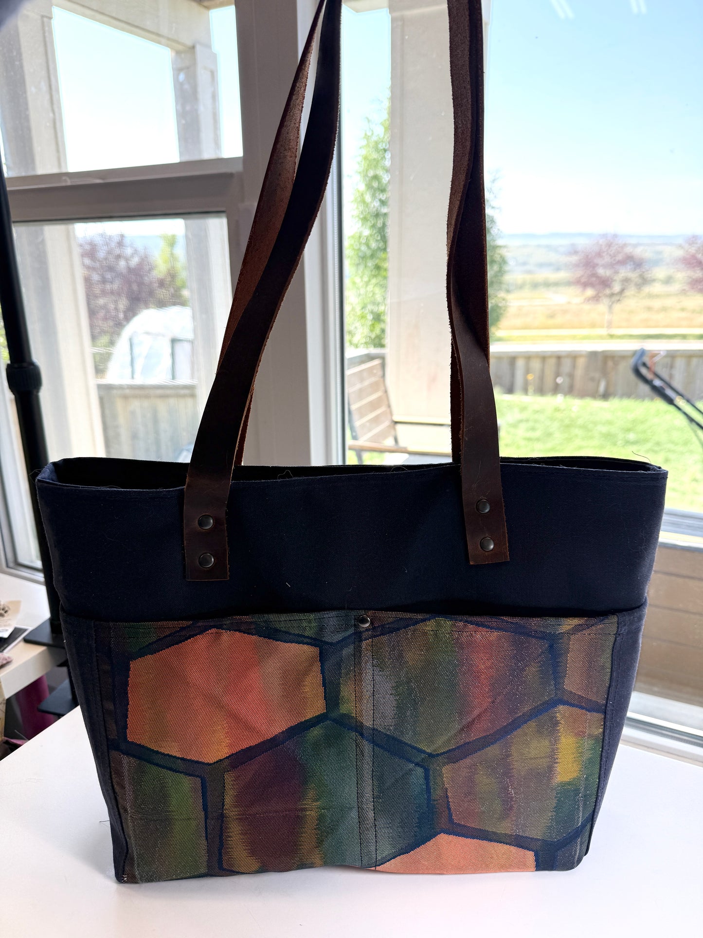 Upcycled Obi Dundurn Tote | Navy Waxed Canvas with Geometric Obi