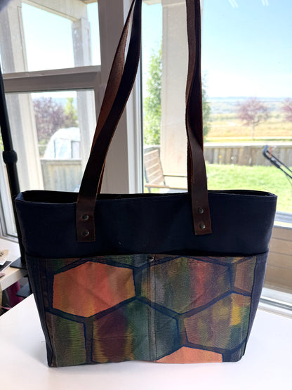 Upcycled Obi Dundurn Tote | Navy Waxed Canvas with Geometric Obi