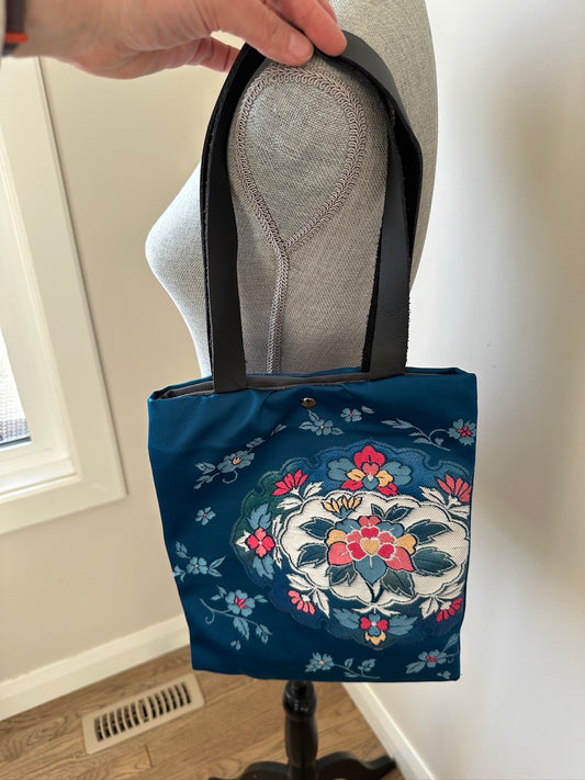 Upcycled Obi Handbag | Floral Motif on Blue
