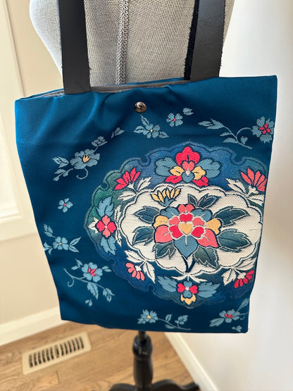 Upcycled Obi Handbag | Floral Motif on Blue