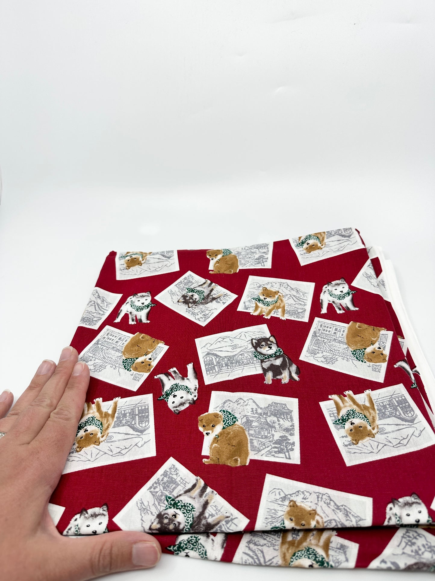 Red fabric with dog and postcard illustrations on a white background