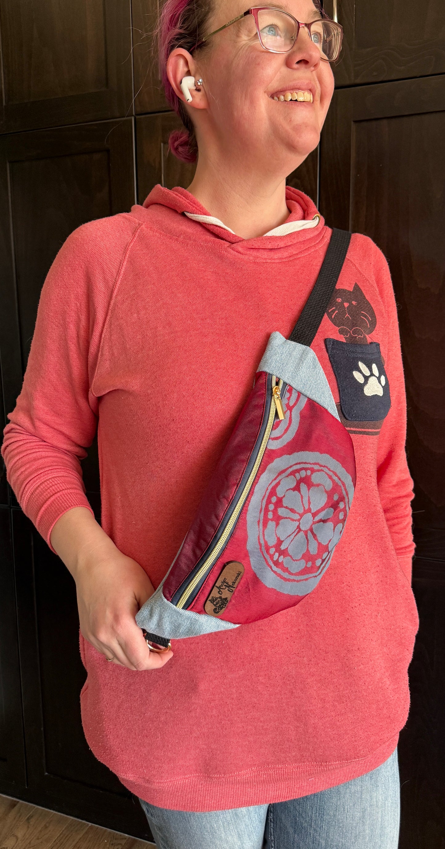 Upcycled Obi | Red with Blue Motif | Handcrafted in the Alberta, Canada