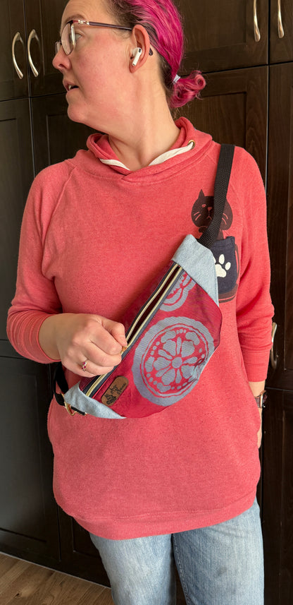 Upcycled Obi | Red with Blue Motif | Handcrafted in the Alberta, Canada