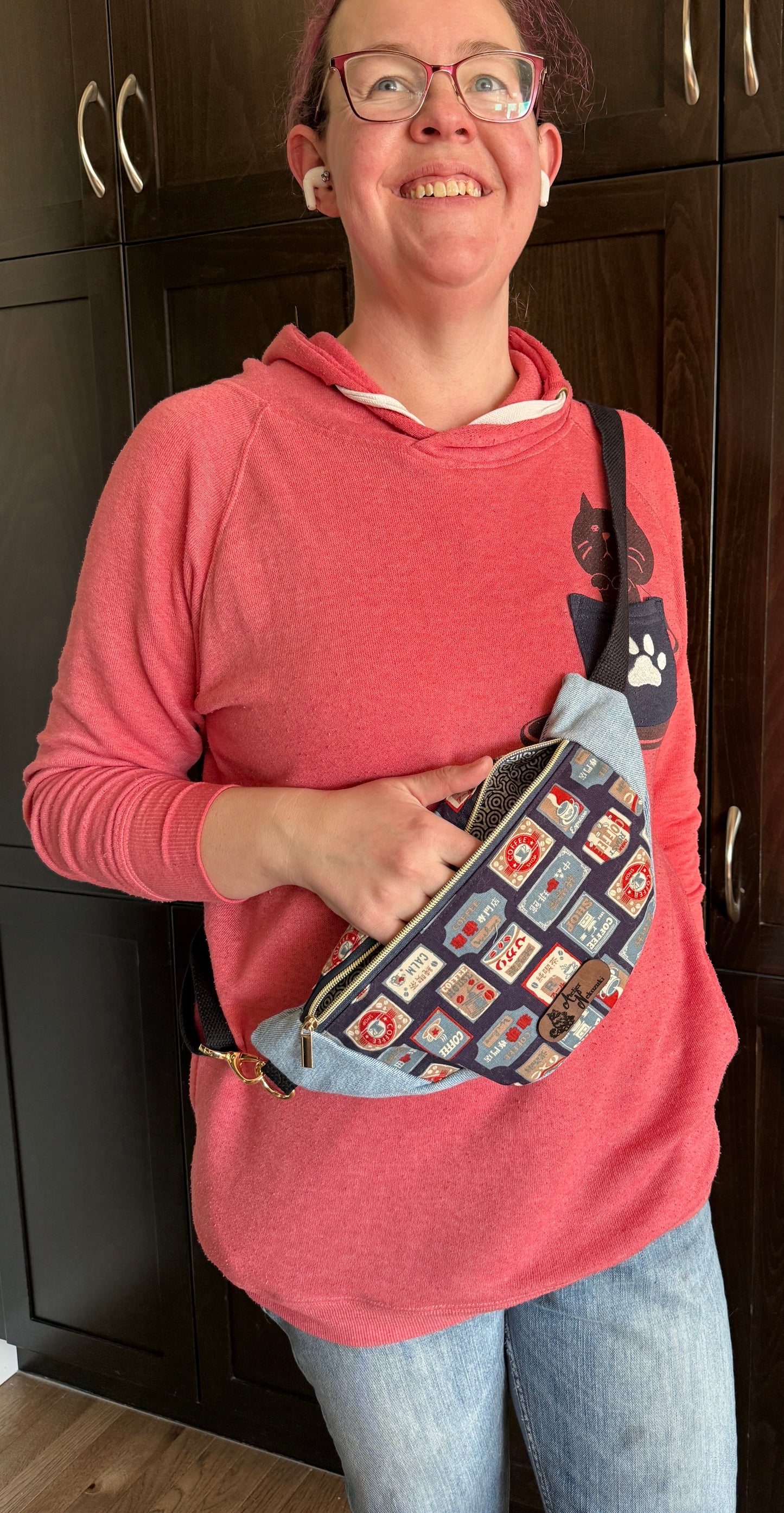 Belt Bag | Coffee Shop Signs on Navy | Upcycled Denim, Handpicked Japanese Fabric | Made in Alberta