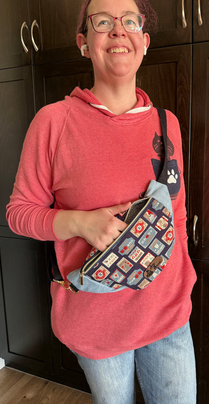 Belt Bag | Coffee Shop Signs on Navy | Upcycled Denim, Handpicked Japanese Fabric | Made in Alberta