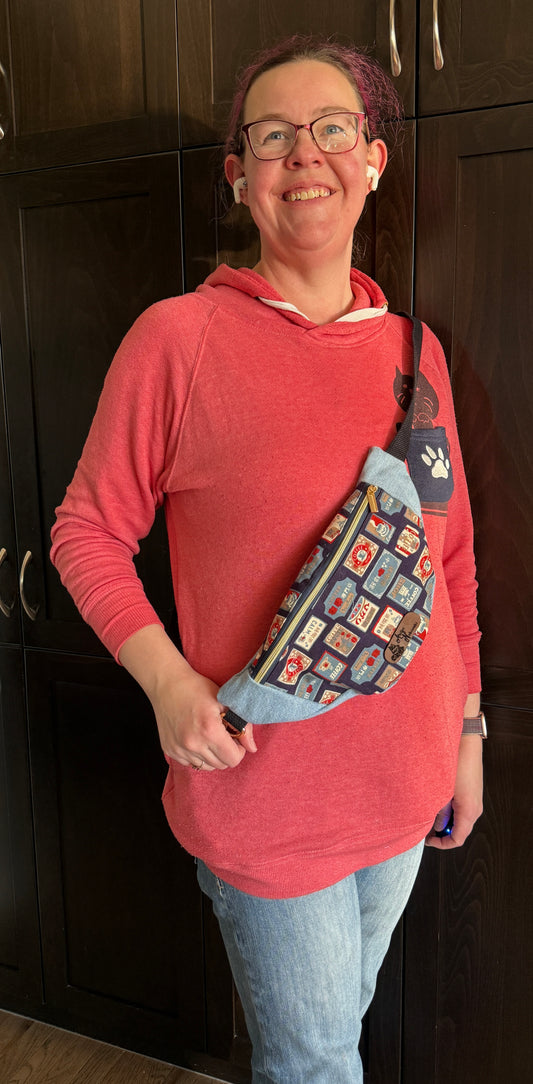 Belt Bag | Coffee Shop Signs on Navy | Upcycled Denim, Handpicked Japanese Fabric | Made in Alberta