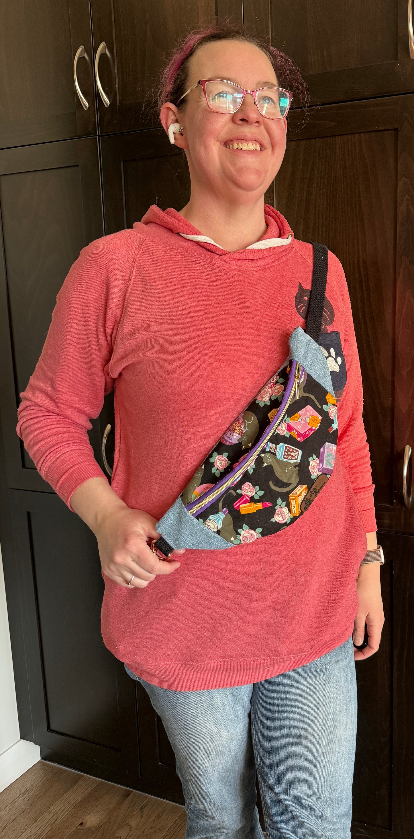 Belt Bag | Black Cat Amongst Retro Japanese Cosmetics on Black | Handpicked Japanese Fabric, Upcycled Denim | Made in Canada