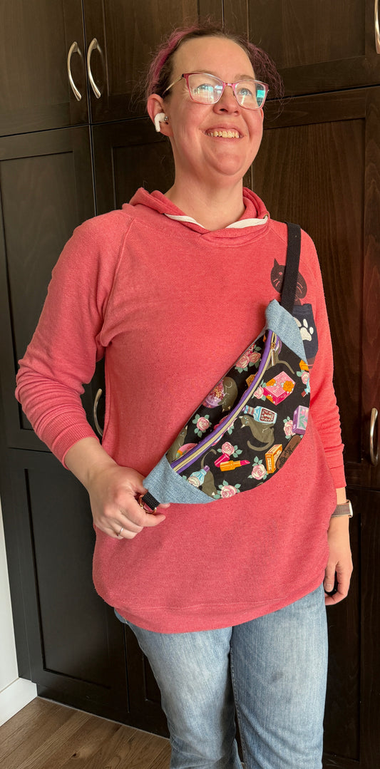 Belt Bag | Black Cat Amongst Retro Japanese Cosmetics on Black | Handpicked Japanese Fabric, Upcycled Denim | Made in Canada