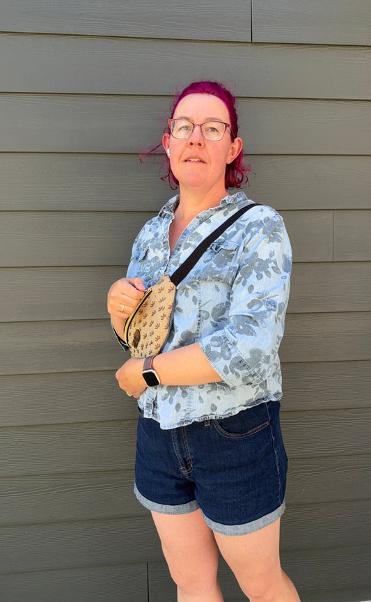 Upcycled Obi | Belt Bag | Bamboo on Tan Obi Lined with Striped Kimono