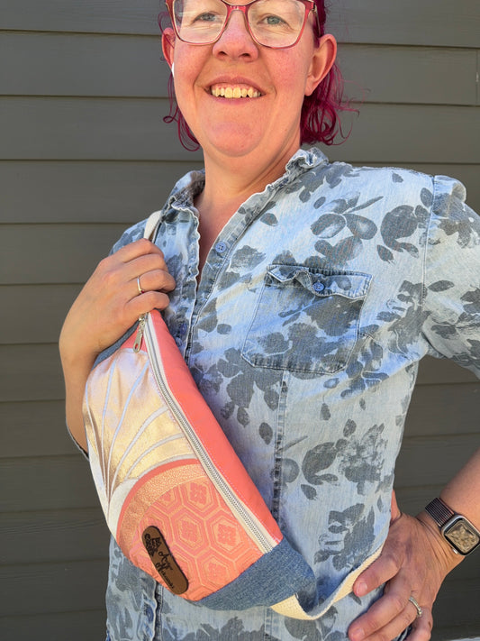 Upcycled Obi | Belt Bag | Silver Fan and Traditional Motifs on Salmon Pink