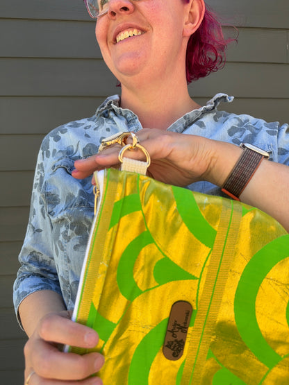 Upcycled Obi | Wedge Bag | Bright Green Seigaiha and Textured Weave