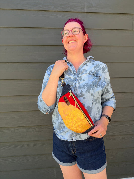 Upcycled Obi | Belt Bag | Golden Peony Fan on Red