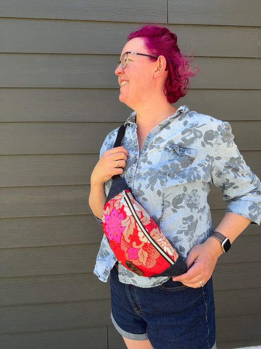 Upcycled Obi | Belt Bag | Florals on Double Shot Pink/Scarlet Silk