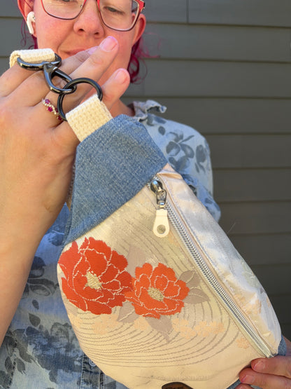 Upcycled Obi | Belt Bag | Floral Swirl on Gentle Pink