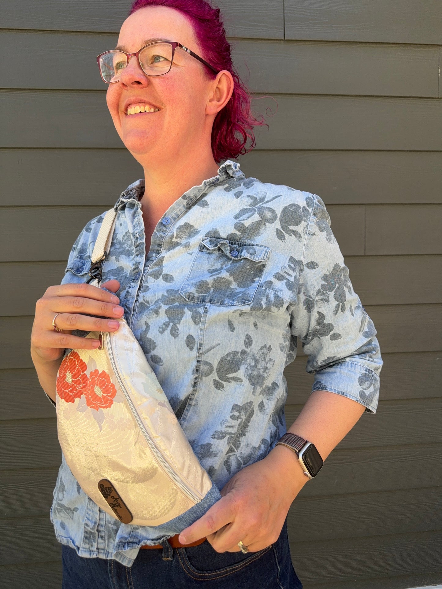 Upcycled Obi | Belt Bag | Floral Swirl on Gentle Pink