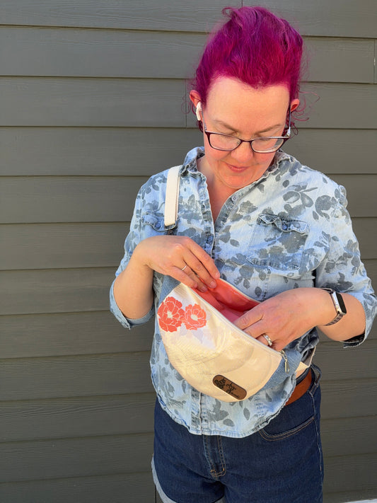 Upcycled Obi | Belt Bag | Floral Swirl on Gentle Pink