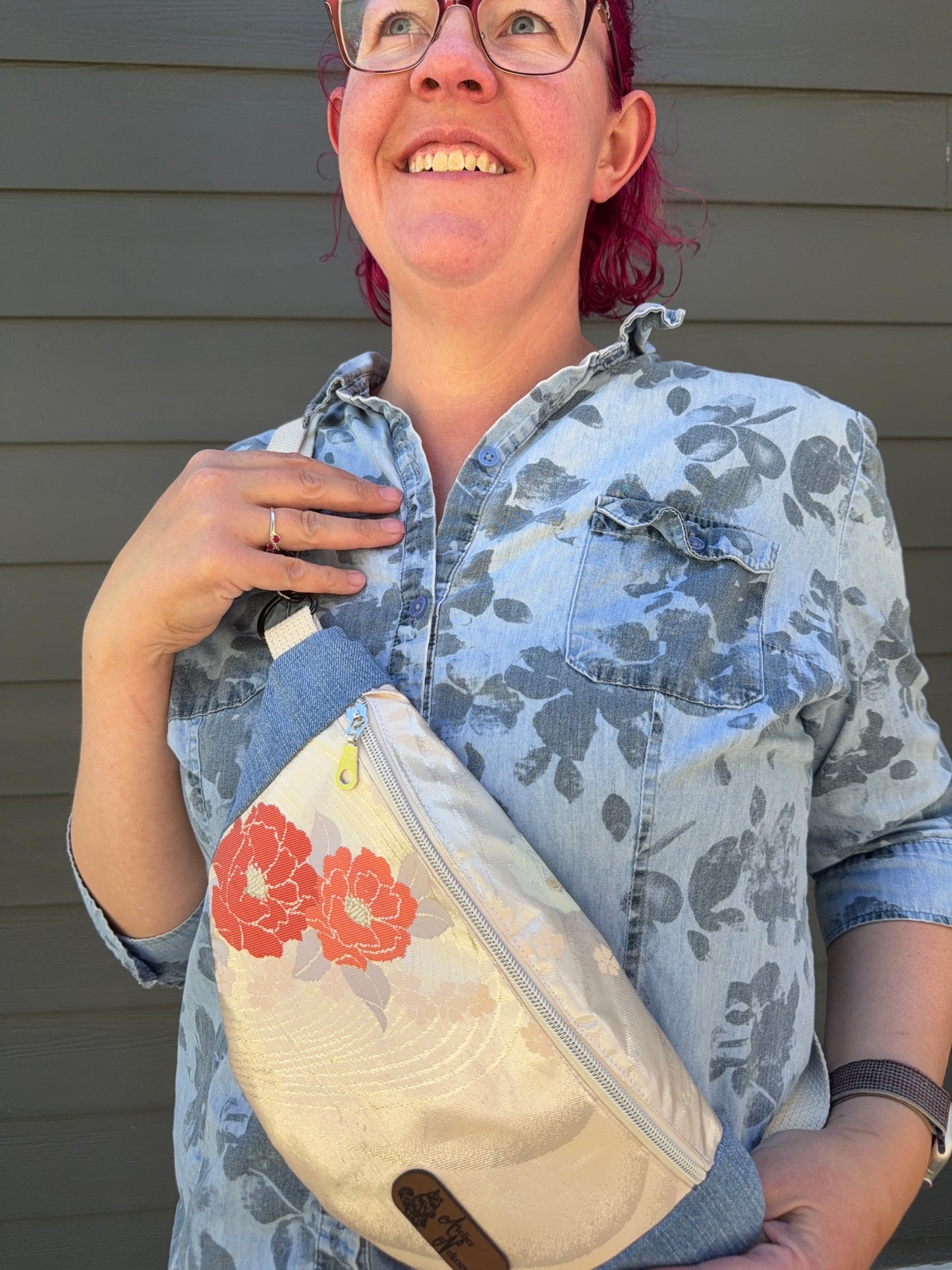Upcycled Obi | Belt Bag | Floral Swirl on Gentle Pink