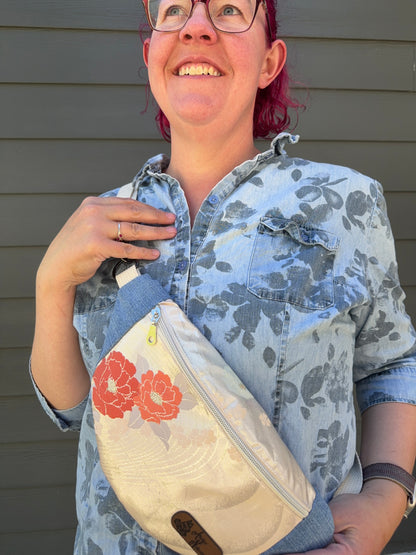 Upcycled Obi | Belt Bag | Floral Swirl on Gentle Pink