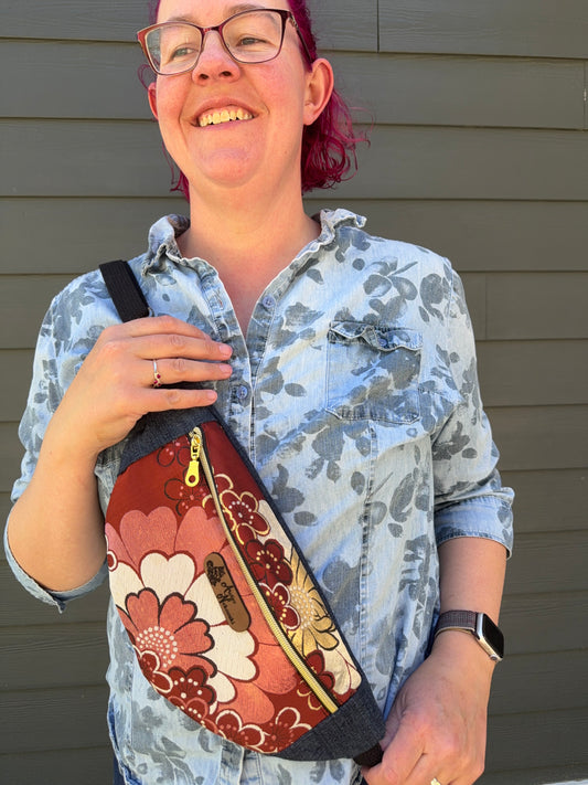 Upcycled Obi | Belt Bag | Floral Field on Warm Brown