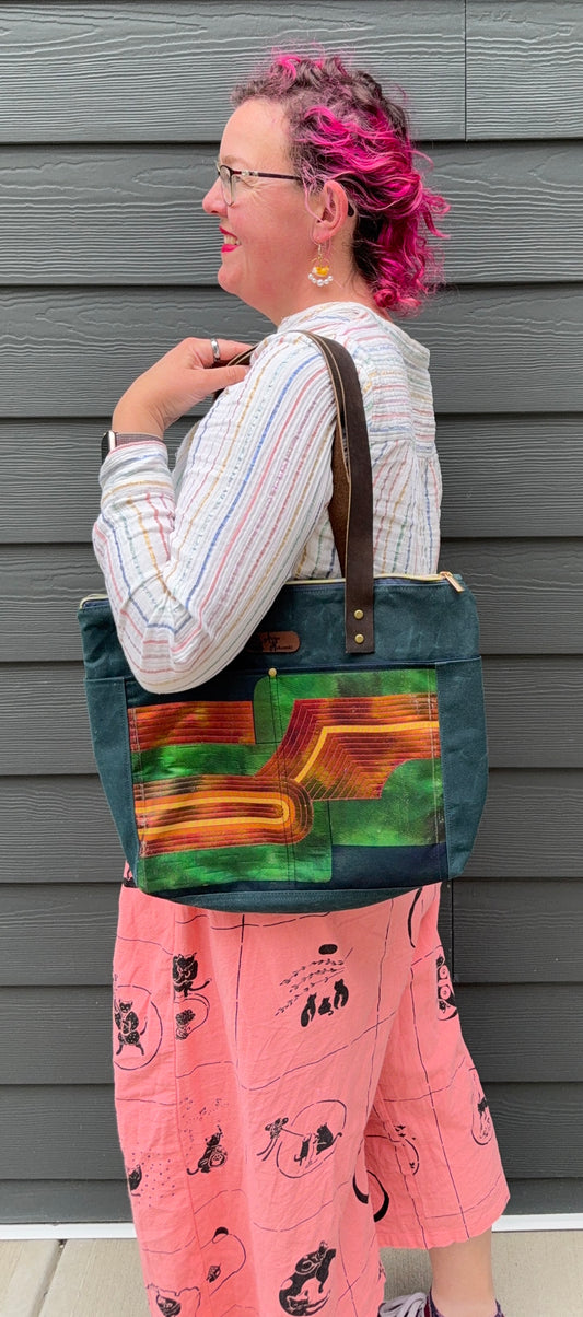 Dundurn Tote | Upcycled Obi and Kimono Paired with Waxed Canvas | Geometric Shapes and Teal