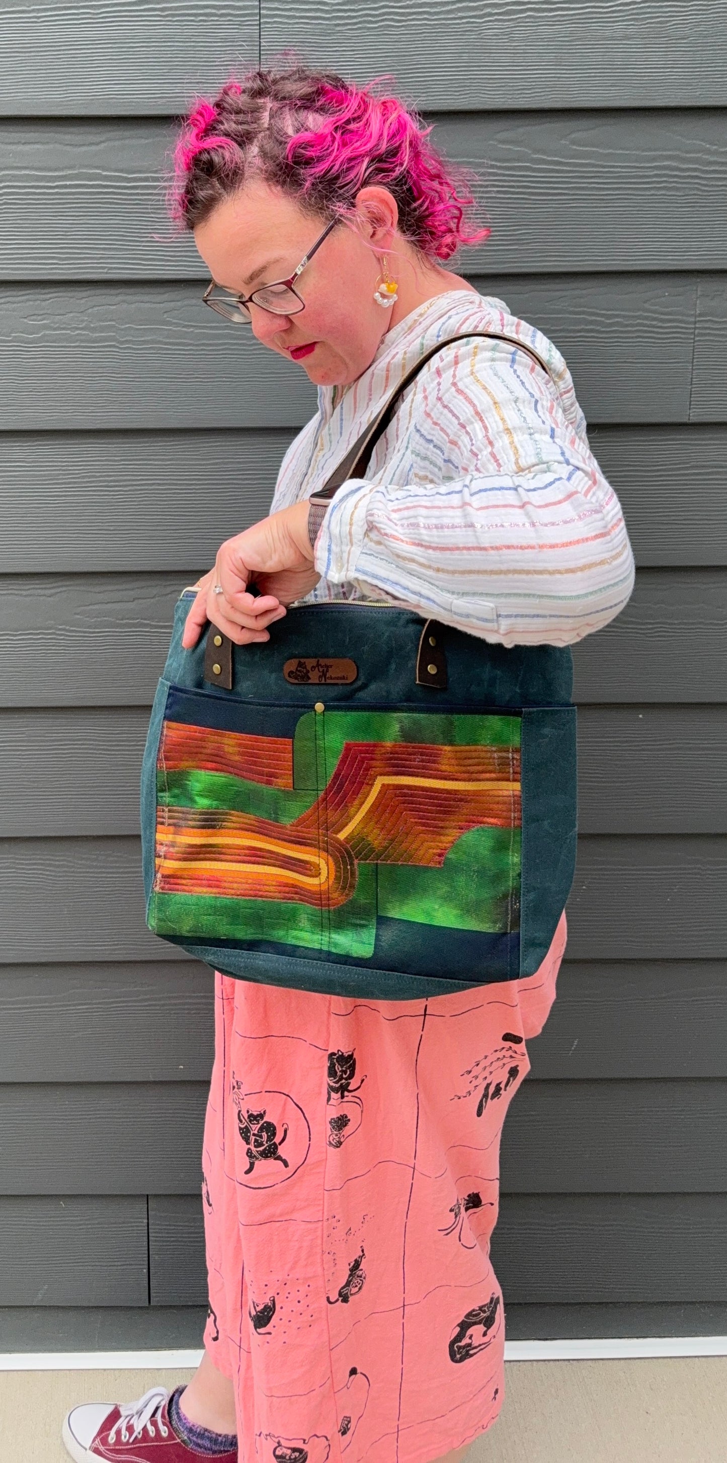 Dundurn Tote | Upcycled Obi and Kimono Paired with Waxed Canvas | Geometric Shapes and Teal