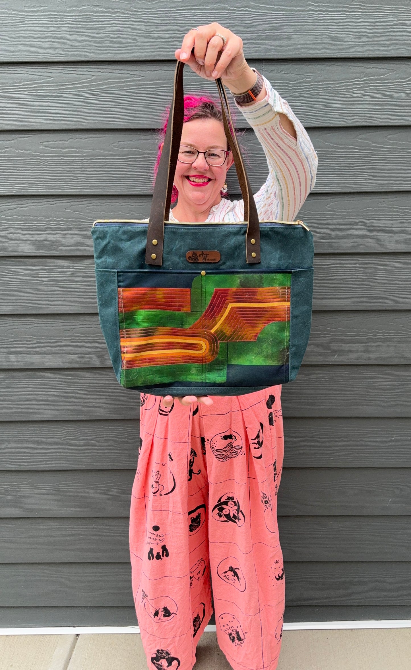 Dundurn Tote | Upcycled Obi and Kimono Paired with Waxed Canvas | Geometric Shapes and Teal