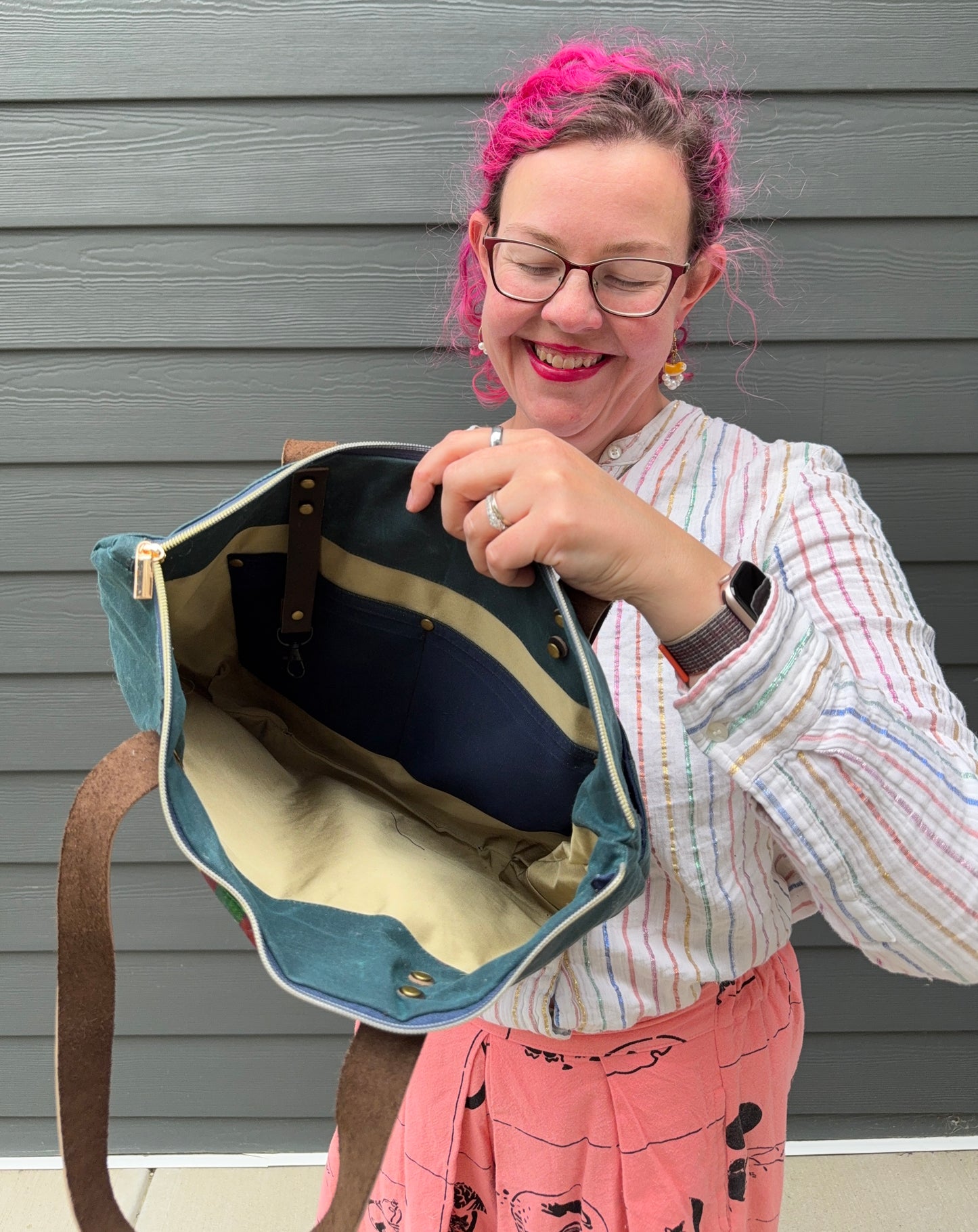 Dundurn Tote | Upcycled Obi and Kimono Paired with Waxed Canvas | Geometric Shapes and Teal